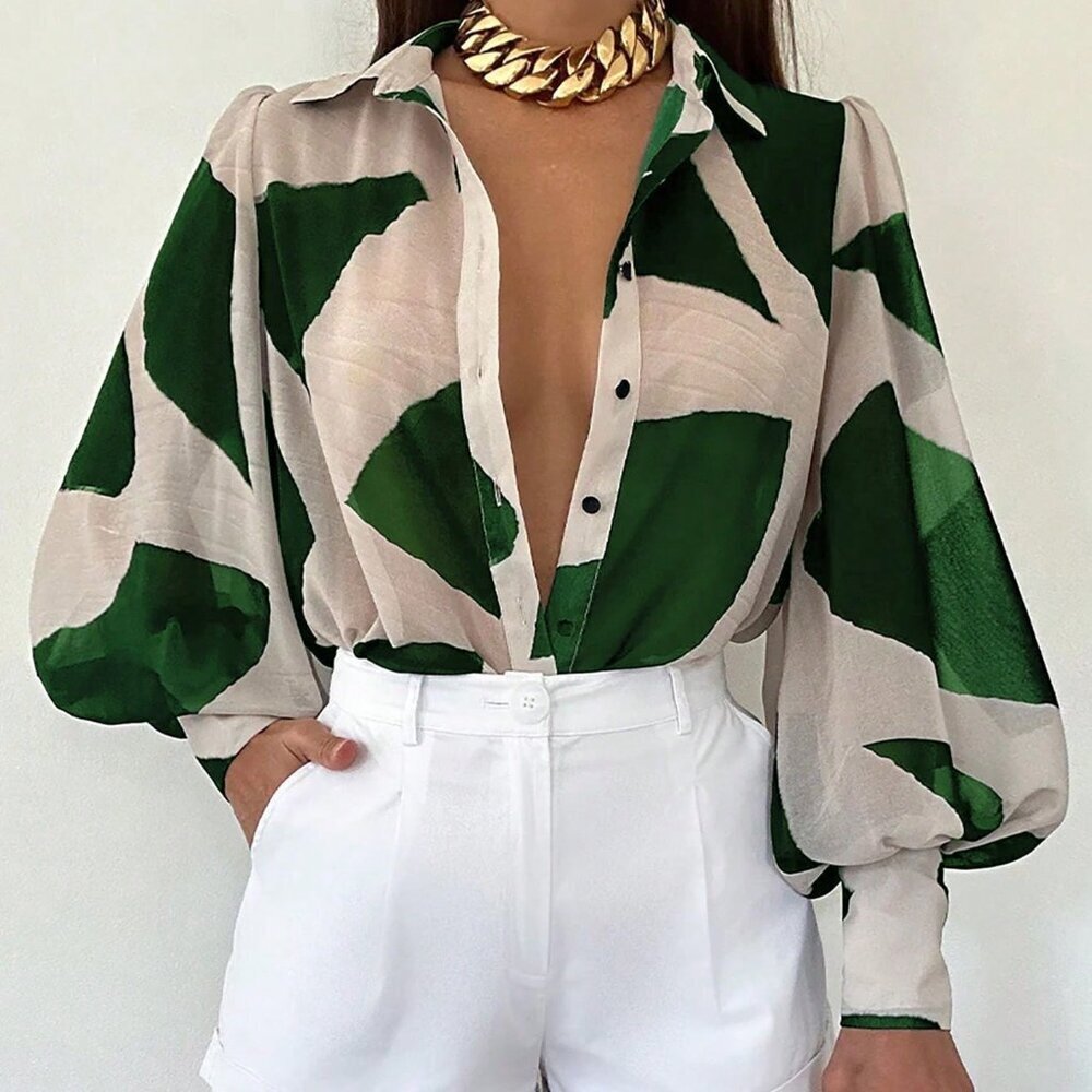 Green Casual Women's Contrast Color Print Lantern Sleeve Blouse Cloth - Picture 1 of 7